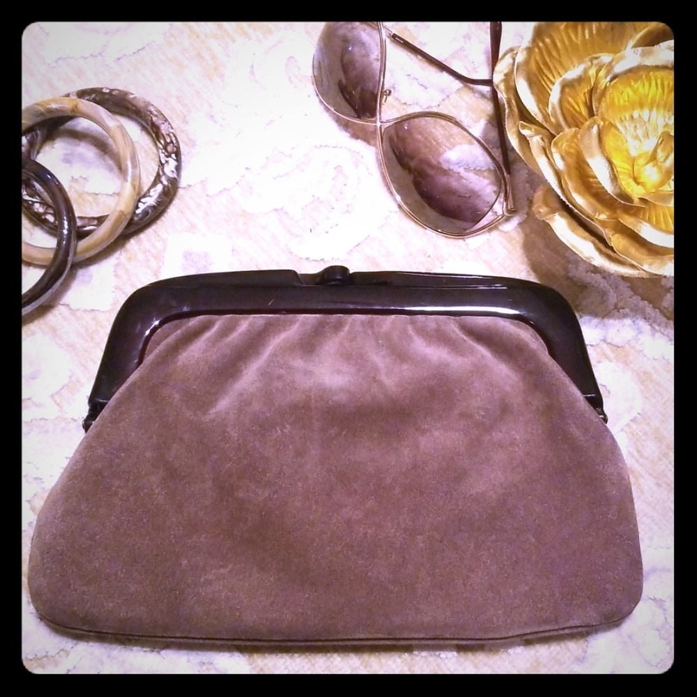 Vintage gray suede and lucite clutch